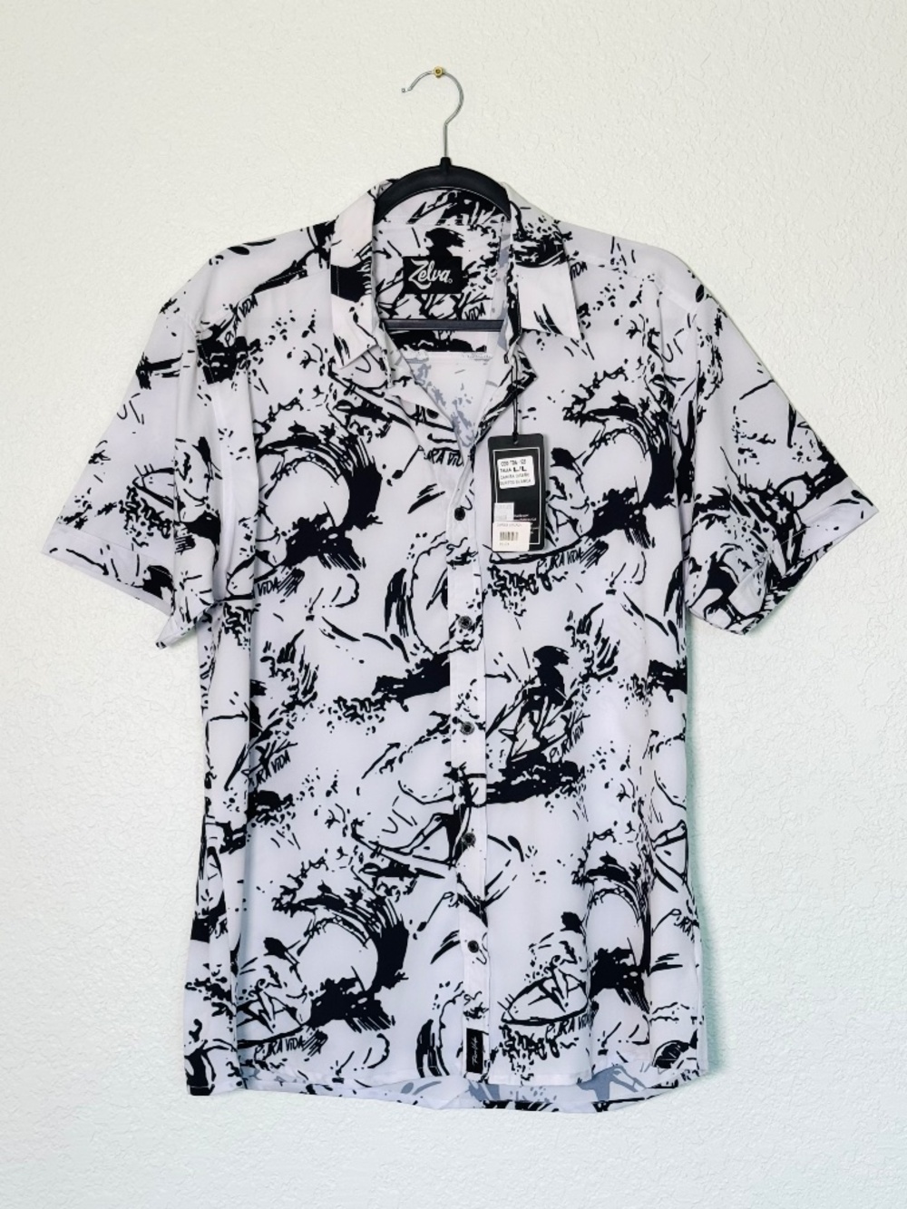 Pura Vida Zelva Shirt Mens L Black White Art Surfer Print Beach Resort Wear New